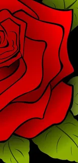 Elegant red rose art wallpaper with green leaves on black background.