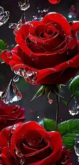A stunning visual of red roses with water droplets on a dark background.