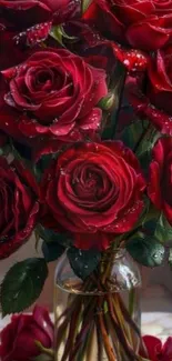 A bouquet of elegant red roses in a clear vase.