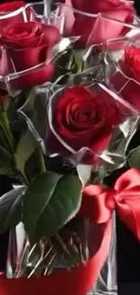 Elegant bouquet of red roses in glass vase with ribbon.