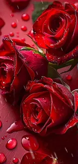 Elegant red roses with water droplets on petals.