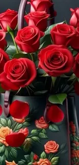Elegant bouquet of red roses in decorative vase.