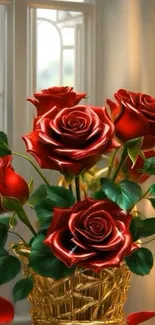 Vibrant red rose bouquet in a golden vase by a window.
