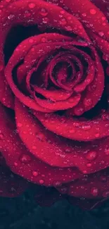 Close-up of a red rose with dewdrops, perfect as a mobile wallpaper.