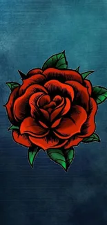 Vibrant red rose on deep teal background wallpaper.