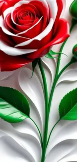Red rose with green leaves on a white background.