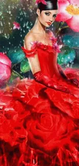 Elegant woman in red gown amidst vibrant roses.