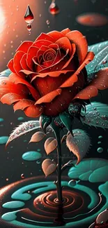 Elegant red rose fantasy wallpaper with water droplets.