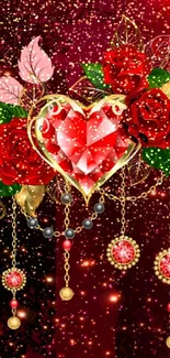 Red heart and roses with gold chains wallpaper.