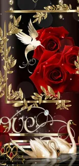 Red roses and swans with gold accents on a romantic wallpaper.