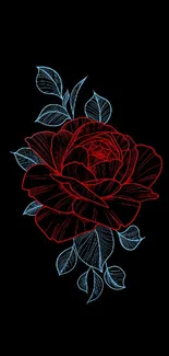 Elegant red rose with blue leaves on black background.