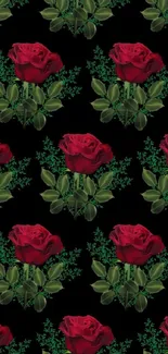 Mobile wallpaper with red roses and green leaves on a black background.