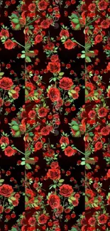 Elegant red rose floral pattern on dark background.