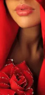 Woman in red cloak with rose detail.