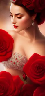 Elegant portrait surrounded by red roses.