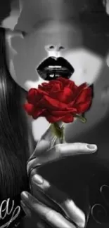 Elegant portrait with red rose on black background.