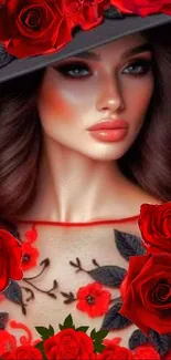 Elegant portrait with red roses on a mobile wallpaper.