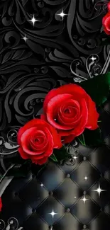 Elegant wallpaper with red roses on a black textured background.