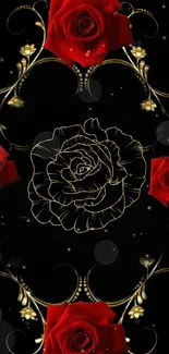 Elegant mobile wallpaper with red roses and gold accents on black background.