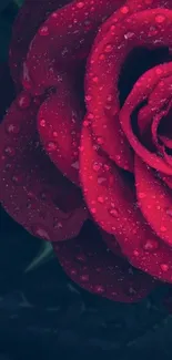 Close-up of red rose with dewdrops on petals, against a dark background.