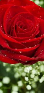 Close-up of a red rose with dewdrops on petals in a natural setting.