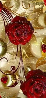 Elegant wallpaper featuring red roses and gold accents.