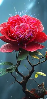 Elegant red rose on rocky surface with dramatic background.