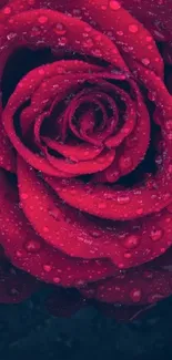 Close-up of a dewy red rose with dark green leaves in the background.