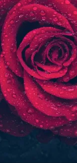 Vibrant red rose with dewdrops on petals against a dark background.