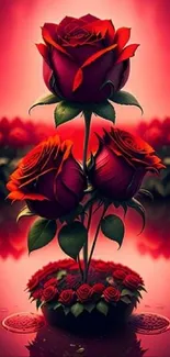 Elegant red roses with reflective background mobile wallpaper.