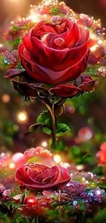 Elegant mobile wallpaper of a red rose with glowing accents.