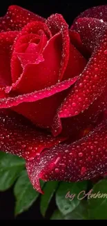 Vibrant red rose with dew droplets against a dark background.