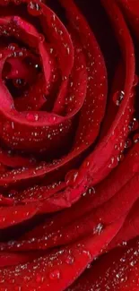 Close-up of a vibrant red rose with glistening water droplets.