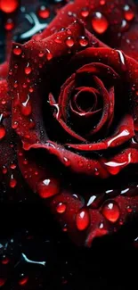 Elegant red rose with dew drops on dark background.