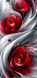 Elegant red rose wallpaper with gray swirling design.