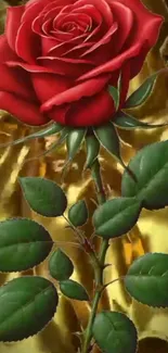 Red rose with leaves on a golden background wallpaper.