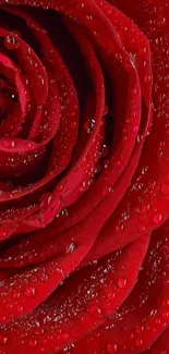 Close-up of a red rose with dew droplets on petals.