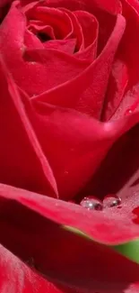 Close-up of a red rose with dewdrops on petals.