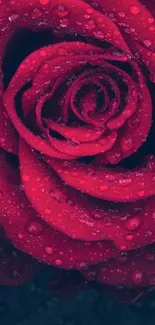 Beautiful red rose with dewdrops in close-up view on mobile wallpaper.