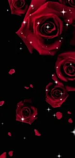 Elegant red roses with sparkling stars on dark background wallpaper.