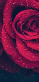 Close-up of a red rose with water droplets.