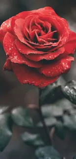 Elegant red rose with raindrops, perfect for mobile background.