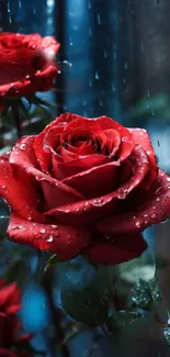 Red rose with raindrops in a beautiful, soft-focus background.