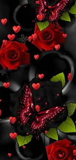 Red roses and butterflies on a black background wallpaper.