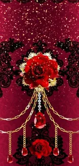 Elegant dark red wallpaper with rose and lace.