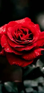 Elegant red rose with dew drops and dark backdrop.