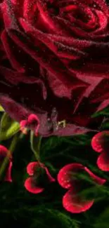 Elegant red rose with dewdrops on dark background.