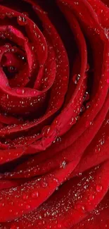 Close-up of a red rose with dewdrops, ideal for romantic wallpaper.