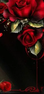 Elegant red roses on a dark abstract background with decorative elements.