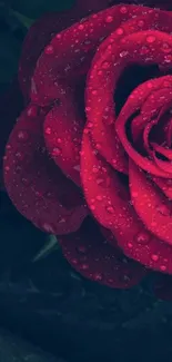 Close-up of a vibrant red rose with water droplets.